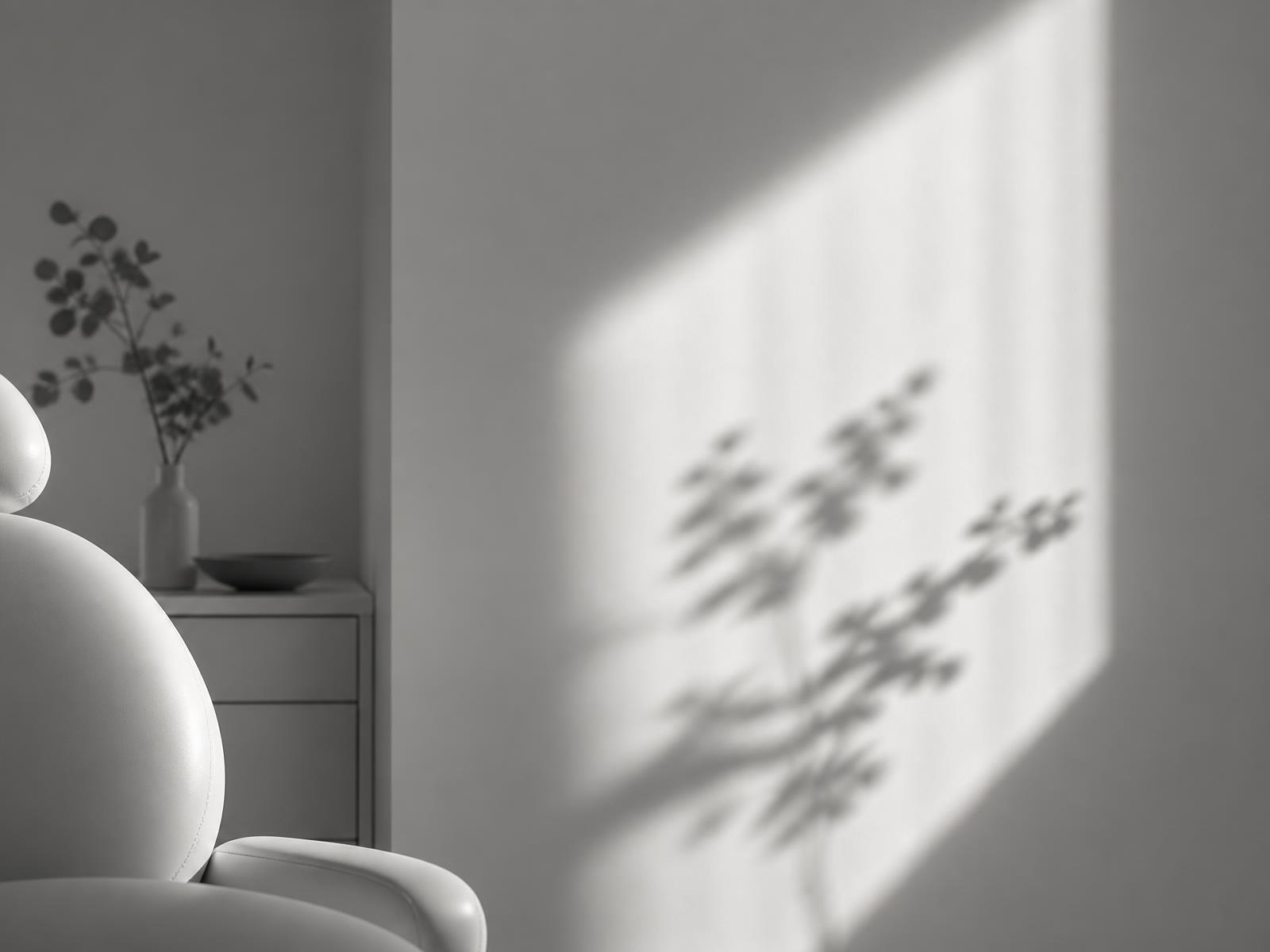 Black and white interior detail of a calm treatment space with daylight across a plain wall