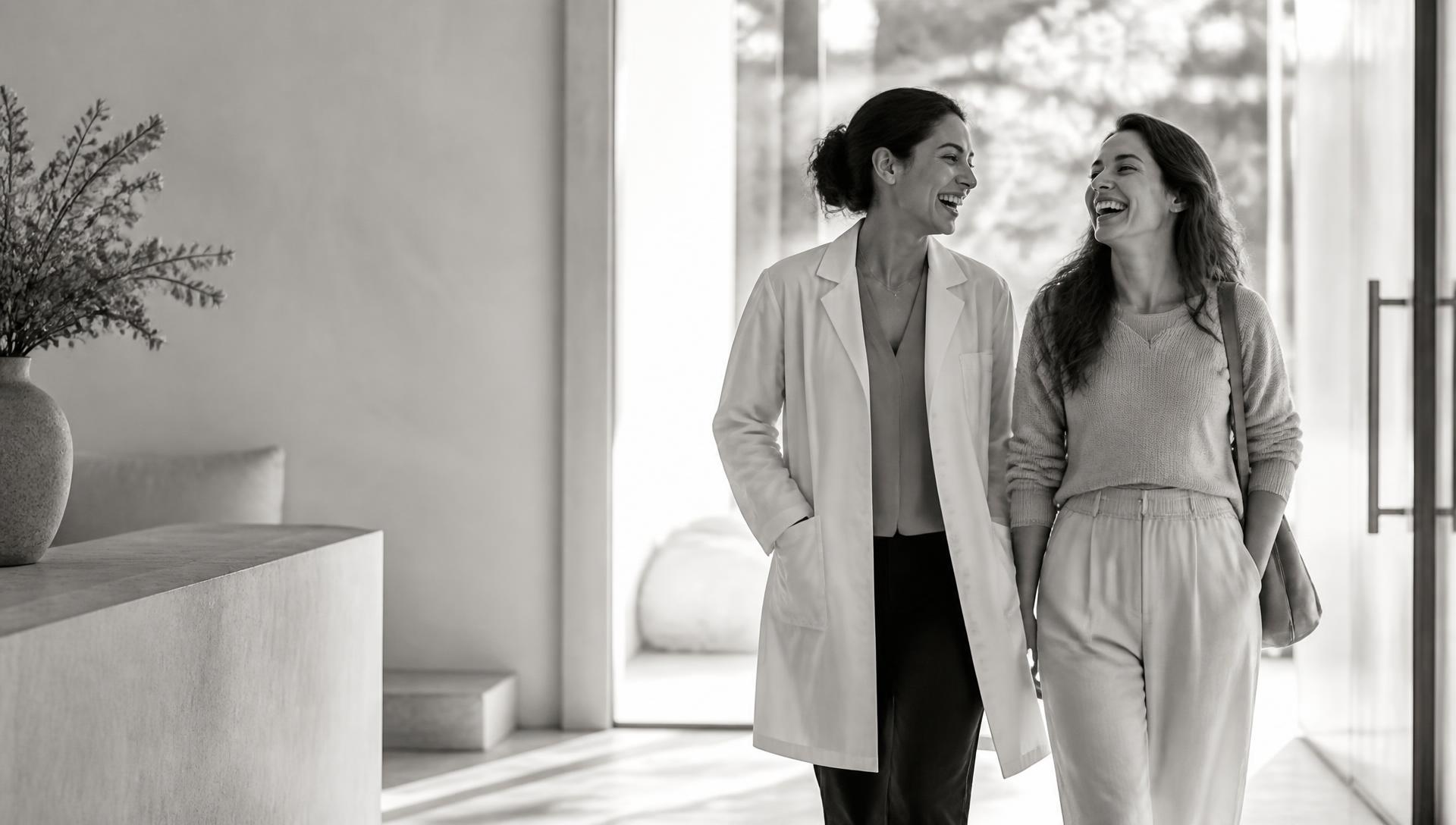 A clinician and a patient laughing together in a bright clinic reception