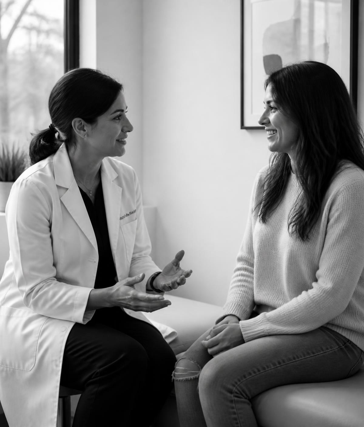 A clinician in a white coat in warm conversation with a smiling patient